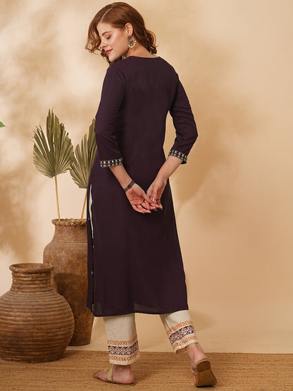 Ethnic Floral Zari & Mirror Embroidered Straight Fit Kurta - Brown