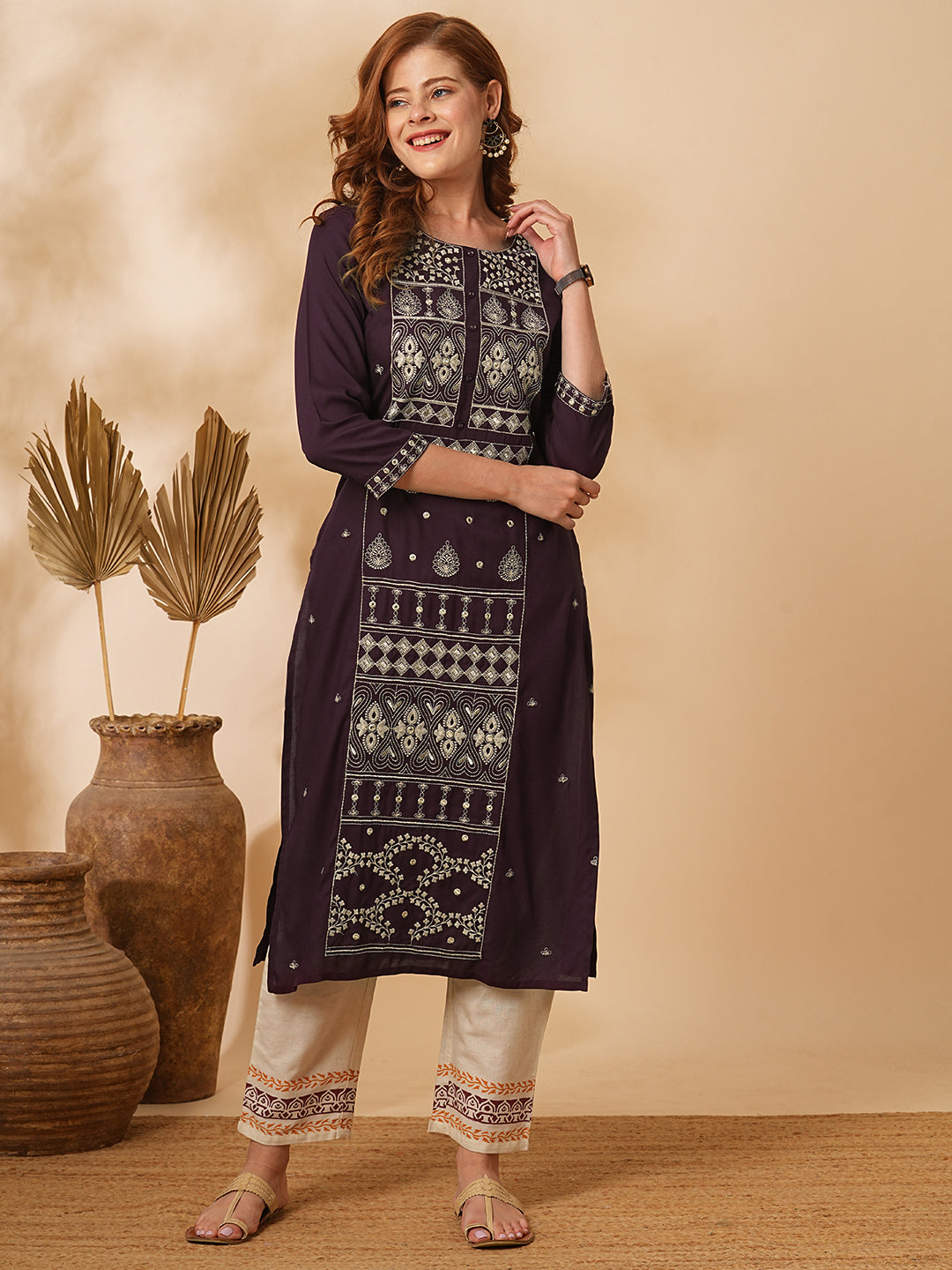 Ethnic Floral Zari & Mirror Embroidered Straight Fit Kurta - Brown