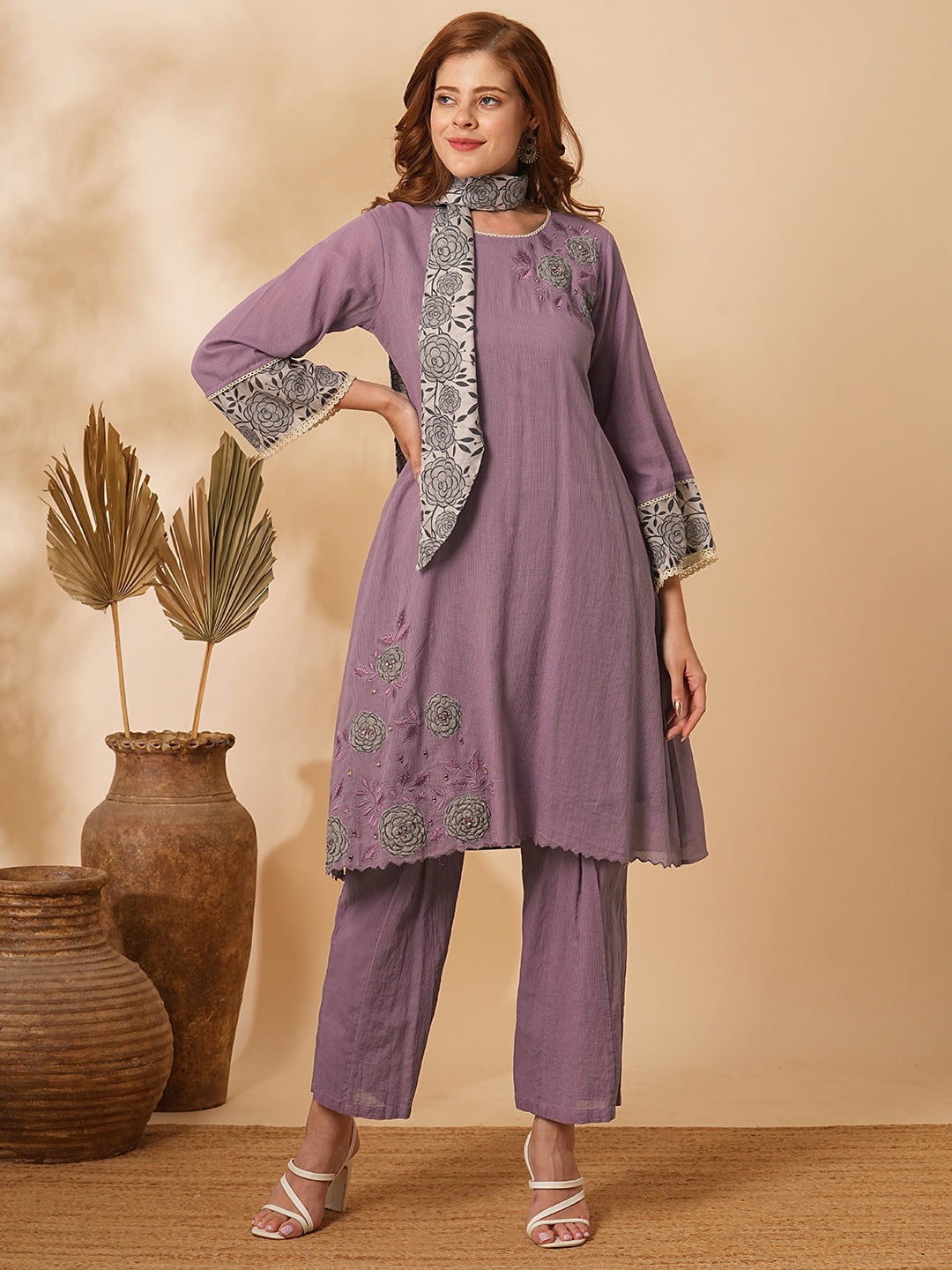 Solid Floral Embroidered Straight Fit Kurta with Pant - Lavender