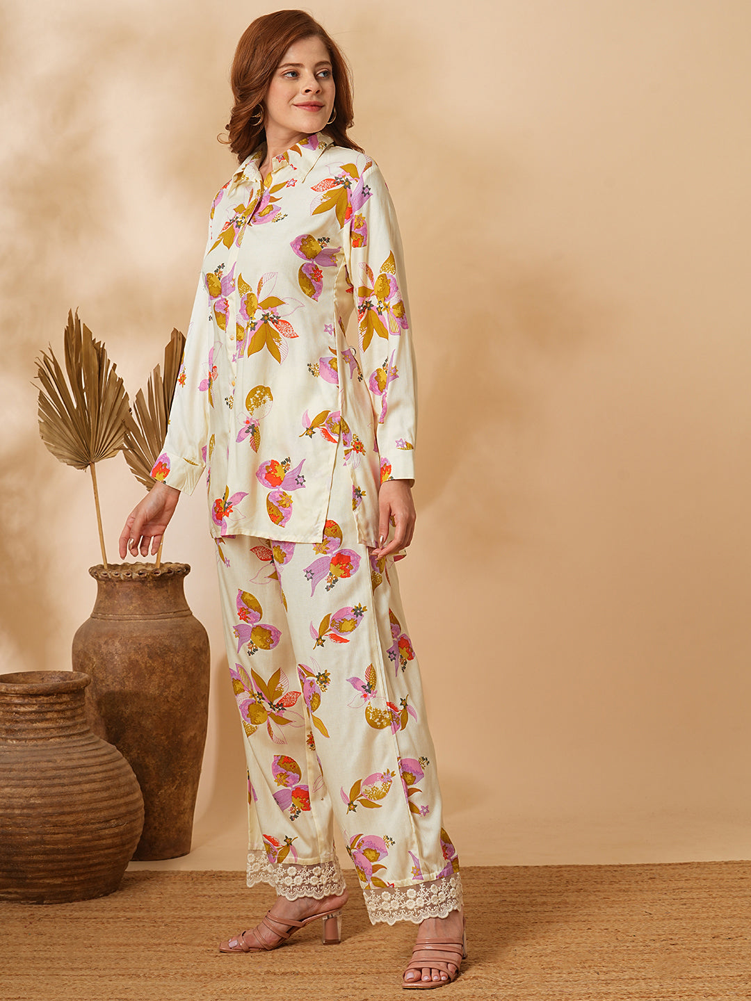 Abstract Floral Printed Straight Fit Co-ord Set - Cream