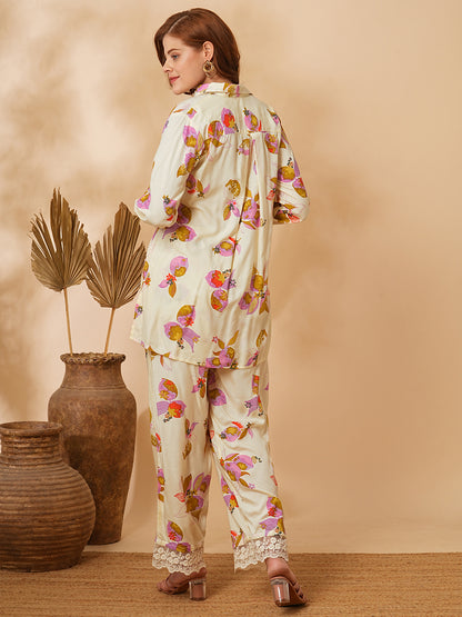 Abstract Floral Printed Straight Fit Co-ord Set - Cream