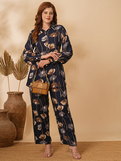 Floral Printed Straight Fit Co-ord Set - Deep Navy Blue