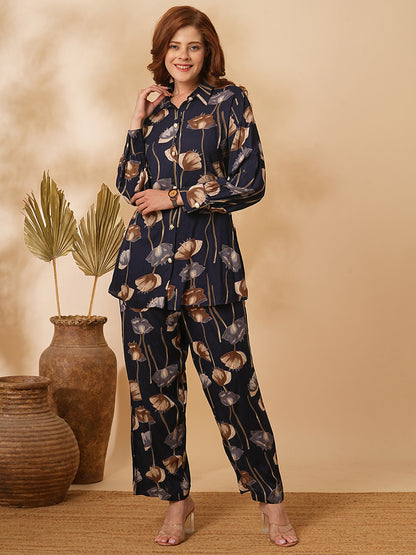 Floral Printed Straight Fit Co-ord Set - Deep Navy Blue