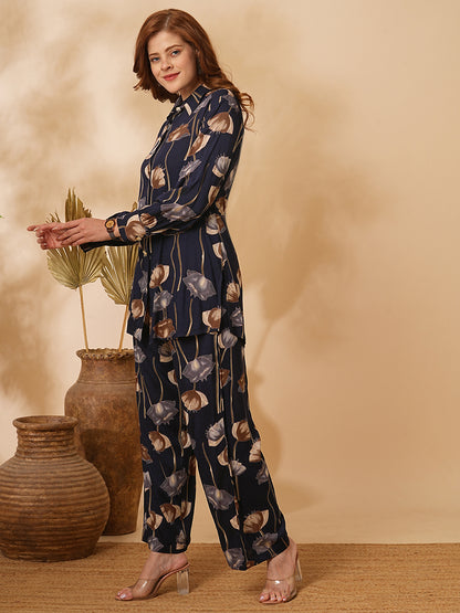 Floral Printed Straight Fit Co-ord Set - Deep Navy Blue