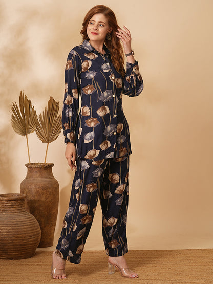 Floral Printed Straight Fit Co-ord Set - Deep Navy Blue