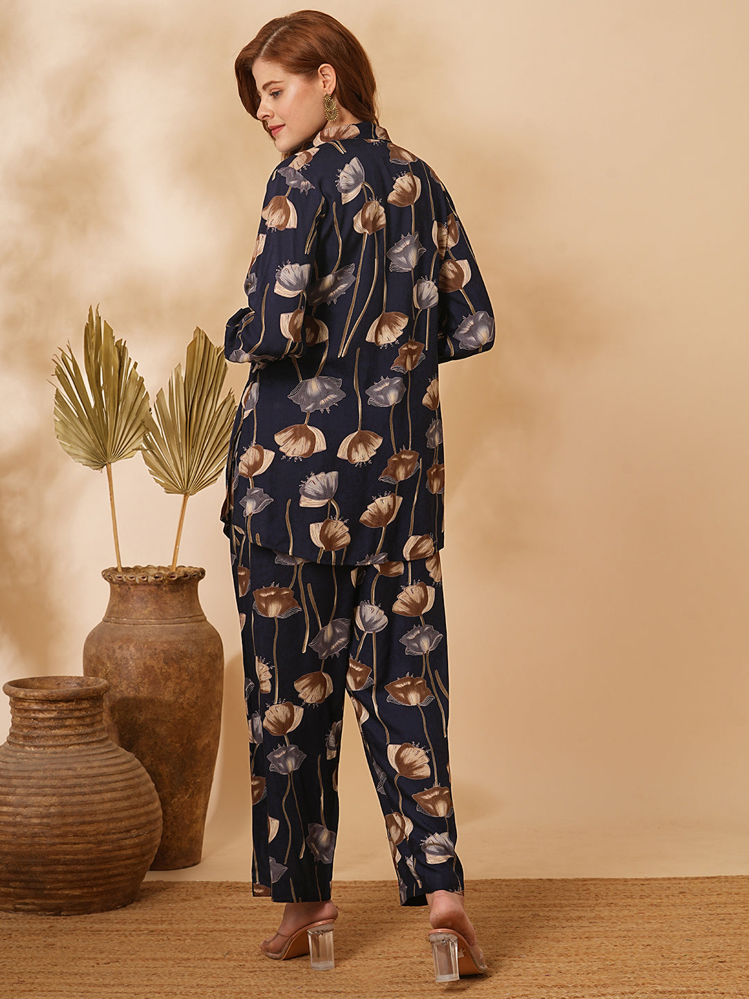 Floral Printed Straight Fit Co-ord Set - Deep Navy Blue