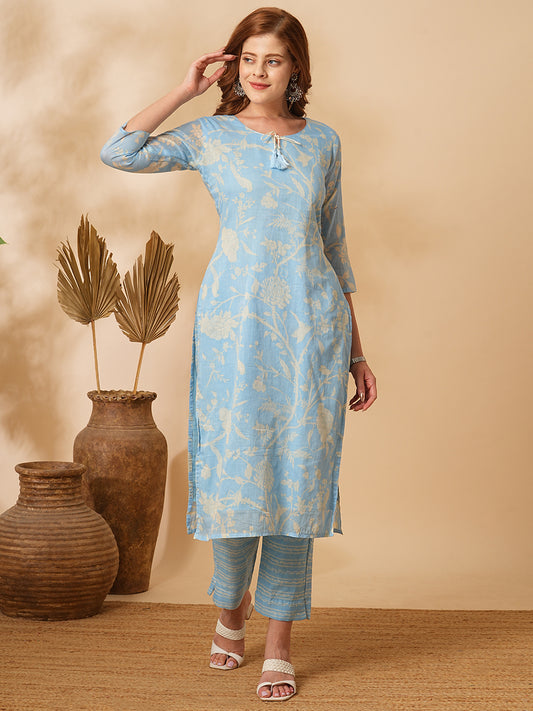 Floral Printed Straight Fit Kurta with Striped Pant - Blue