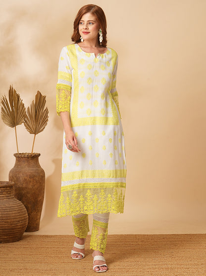 Ethnic Floral Jacquard Straight Fit Kurta with Pant - Off White