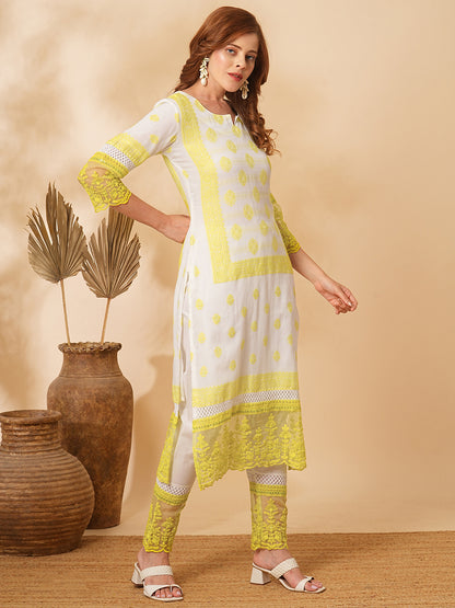 Ethnic Floral Jacquard Straight Fit Kurta with Pant - Off White