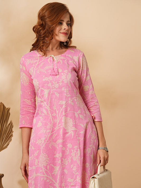 Floral Printed Straight Fit Kurta with Pant - Pink