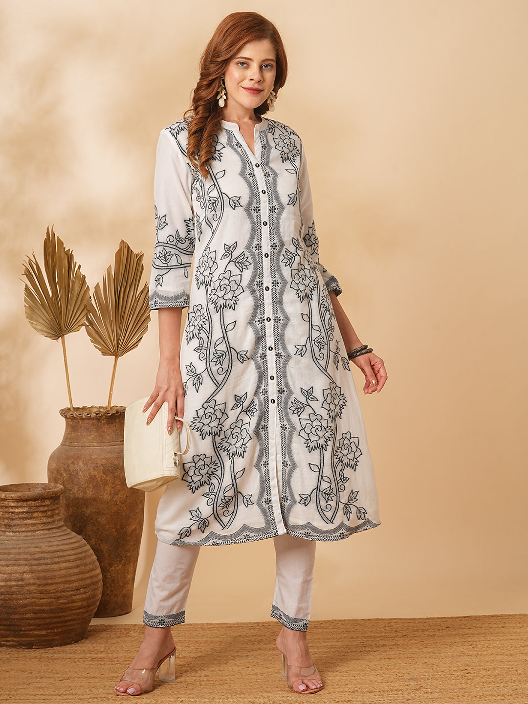 Ethnic Floral Woven Straight Fit Kurta with Pant - White