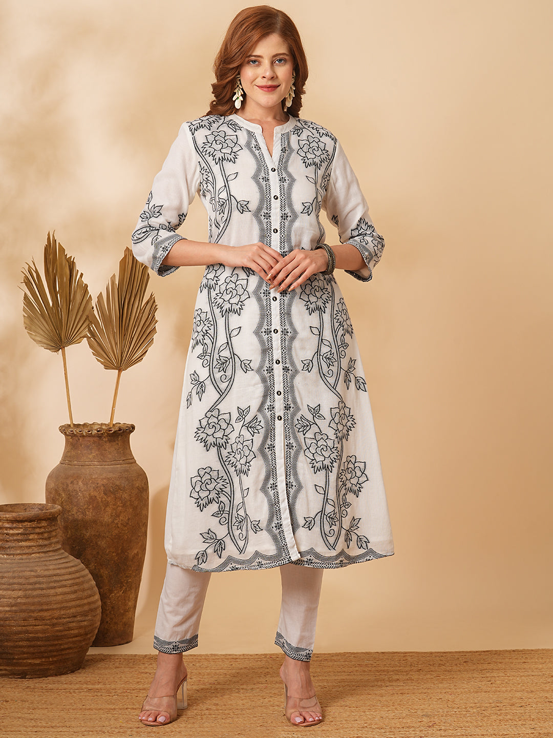 Ethnic Floral Woven Straight Fit Kurta with Pant - White