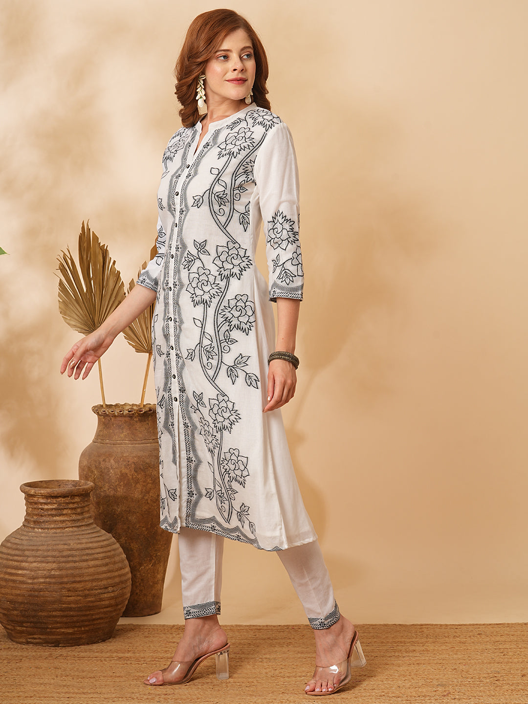 Ethnic Floral Woven Straight Fit Kurta with Pant - White