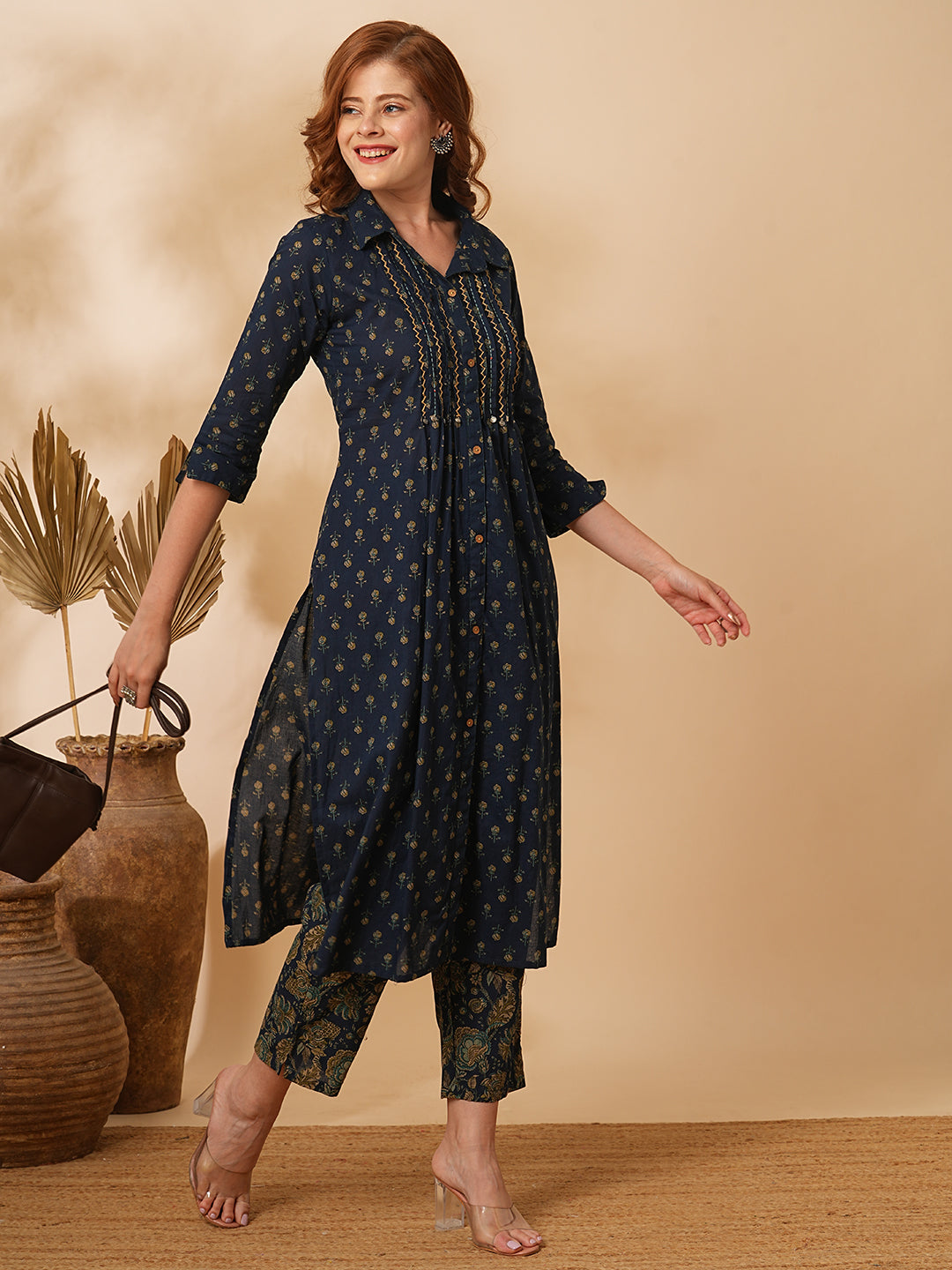 Floral Printed & Embroidered Straight Fit Kurta with Pant - Navy Blue