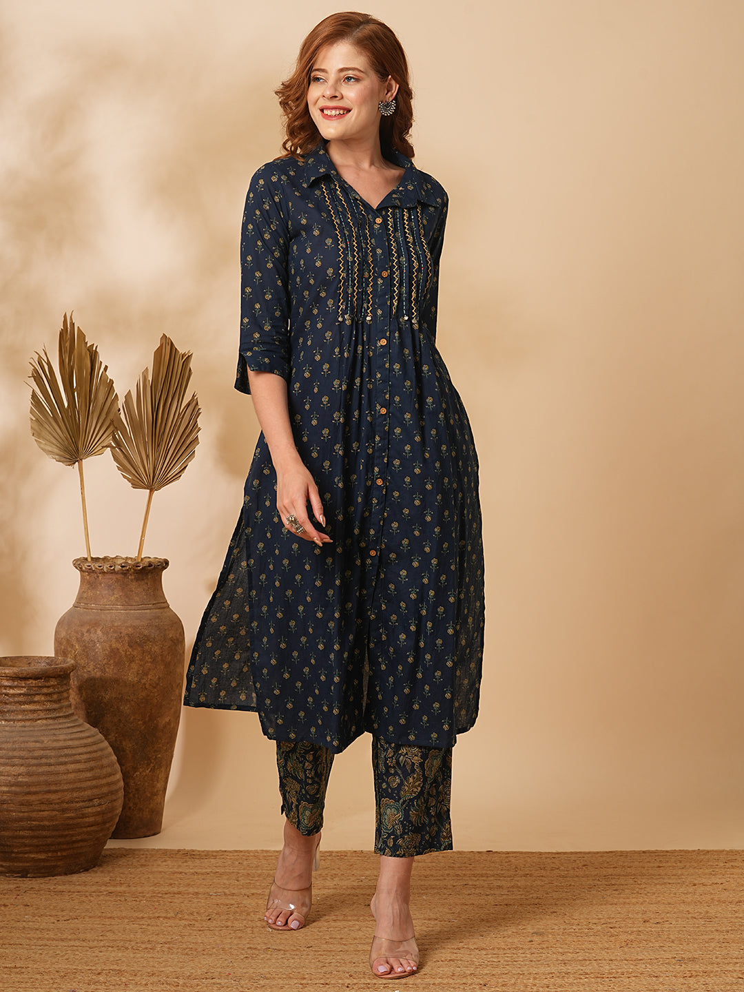 Floral Printed & Embroidered Straight Fit Kurta with Pant - Navy Blue