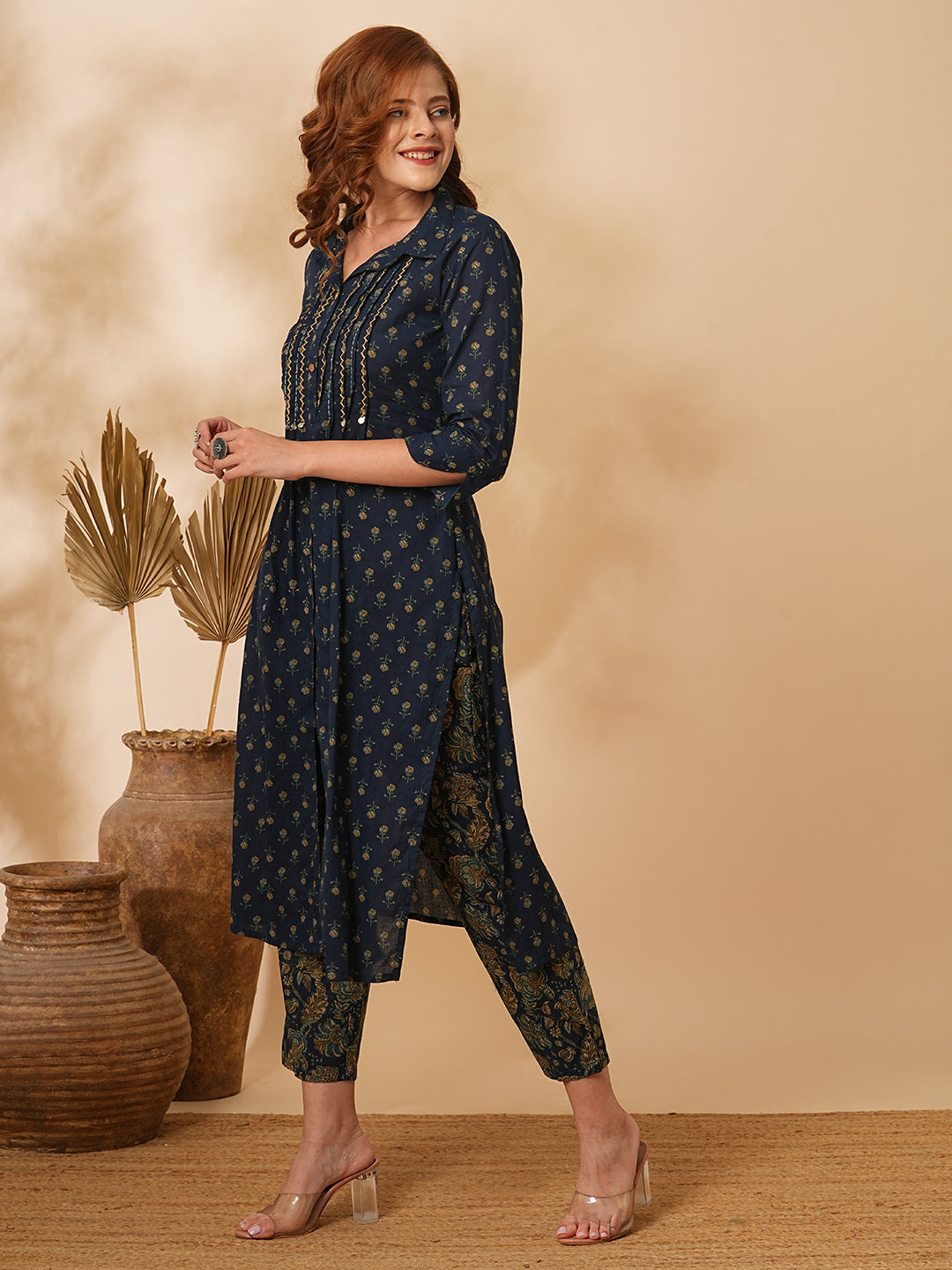 Floral Printed & Embroidered Straight Fit Kurta with Pant - Navy Blue