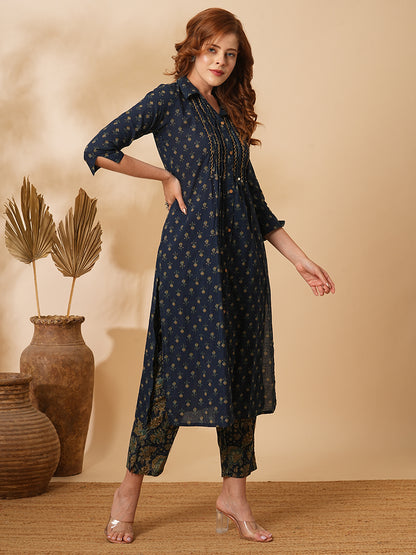 Floral Printed & Embroidered Straight Fit Kurta with Pant - Navy Blue