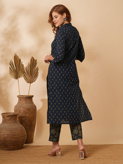 Floral Printed & Embroidered Straight Fit Kurta with Pant - Navy Blue