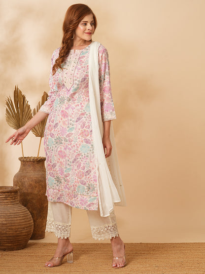 Floral Printed & Embroidered Straight Kurta with Pant & Dupatta - Off White