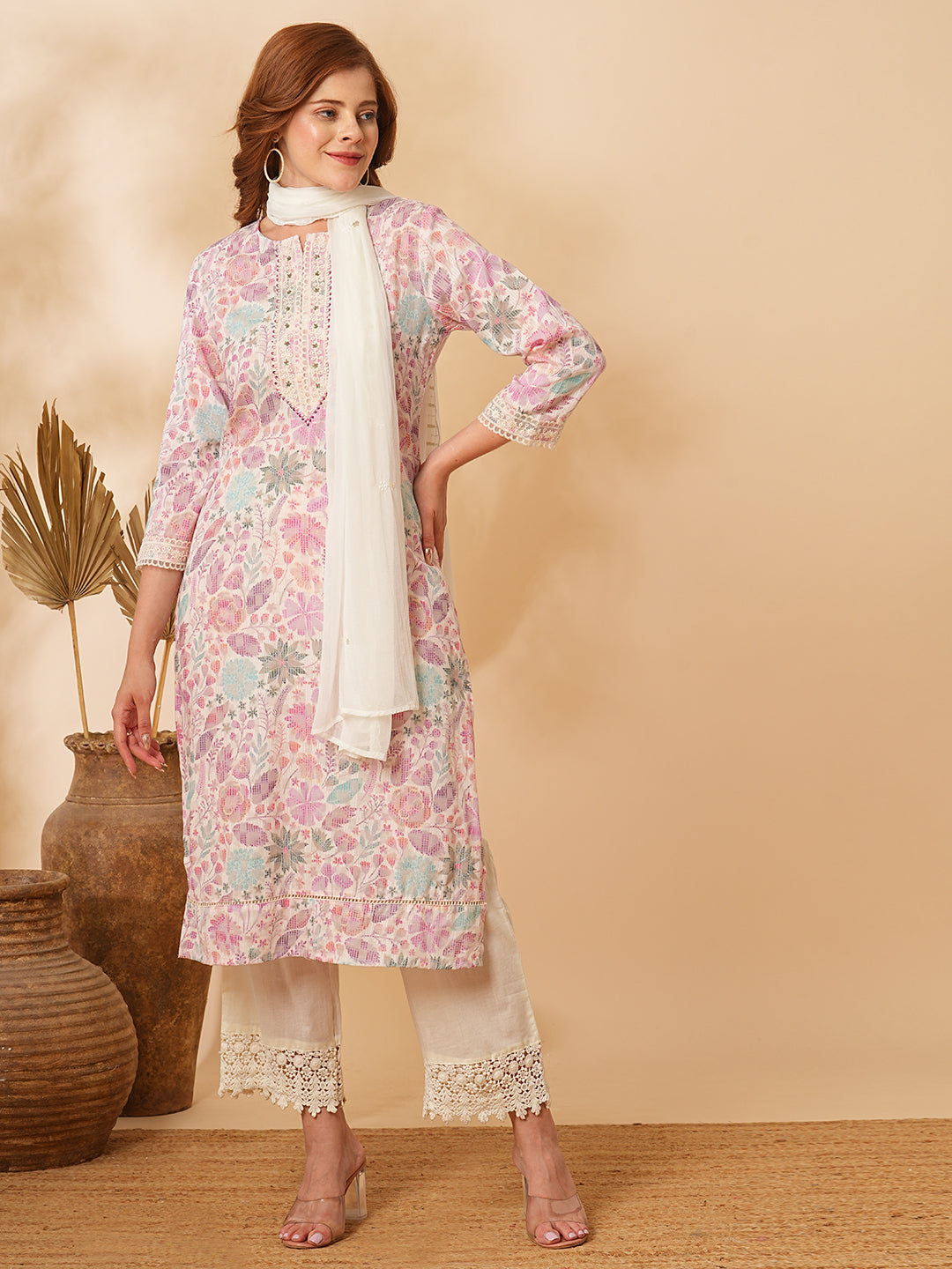 Floral Printed & Embroidered Straight Kurta with Pant & Dupatta - Off White