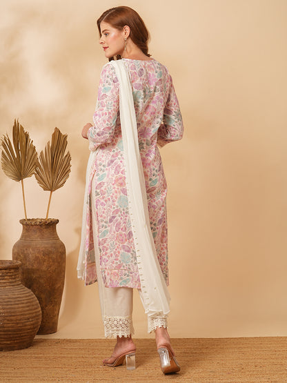 Floral Printed & Embroidered Straight Kurta with Pant & Dupatta - Off White