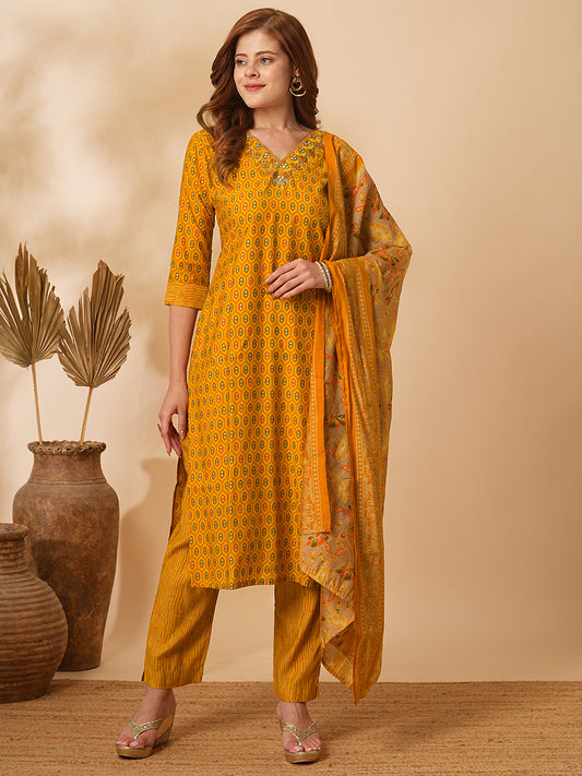 Ethnic Geometric Foil Printed & Mirror Embroidered Kurta with Pant & Dupatta - Yellow