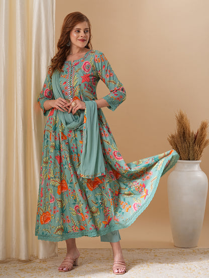 Floral Printed & Embroidered Anarkali Kurta with Pant and Dupatta - Green