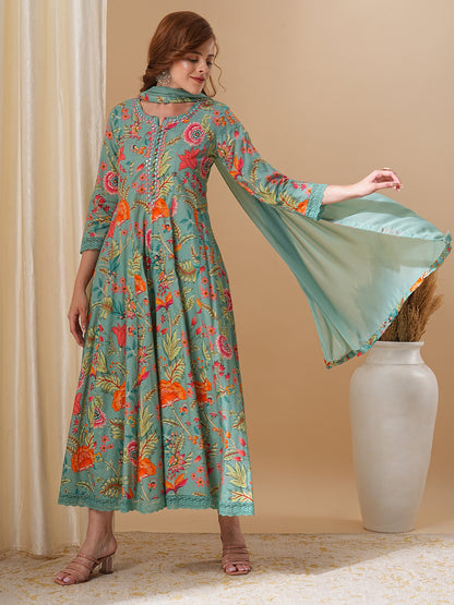 Floral Printed & Embroidered Anarkali Kurta with Pant and Dupatta - Green