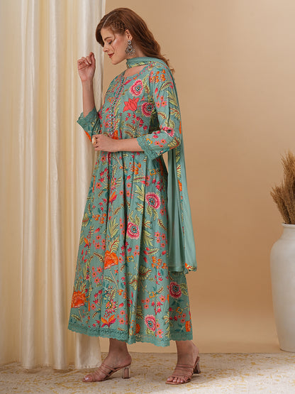 Floral Printed & Embroidered Anarkali Kurta with Pant and Dupatta - Green