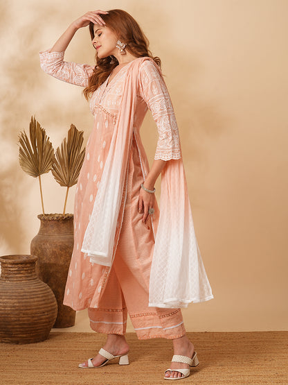 Floral Hand Embroidered A-Line Pleated Kurta with Pant & Dupatta - Peach