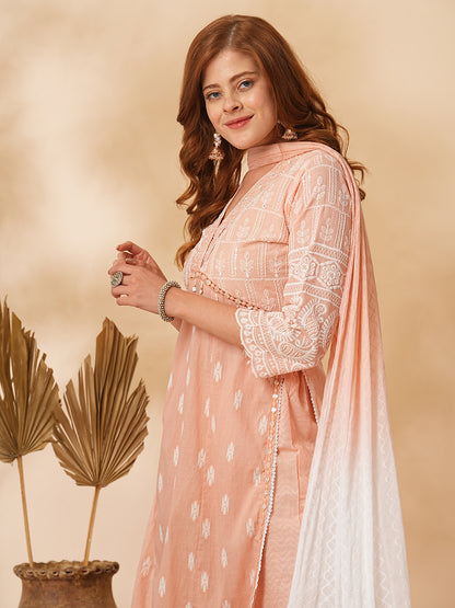 Floral Hand Embroidered A-Line Pleated Kurta with Pant & Dupatta - Peach