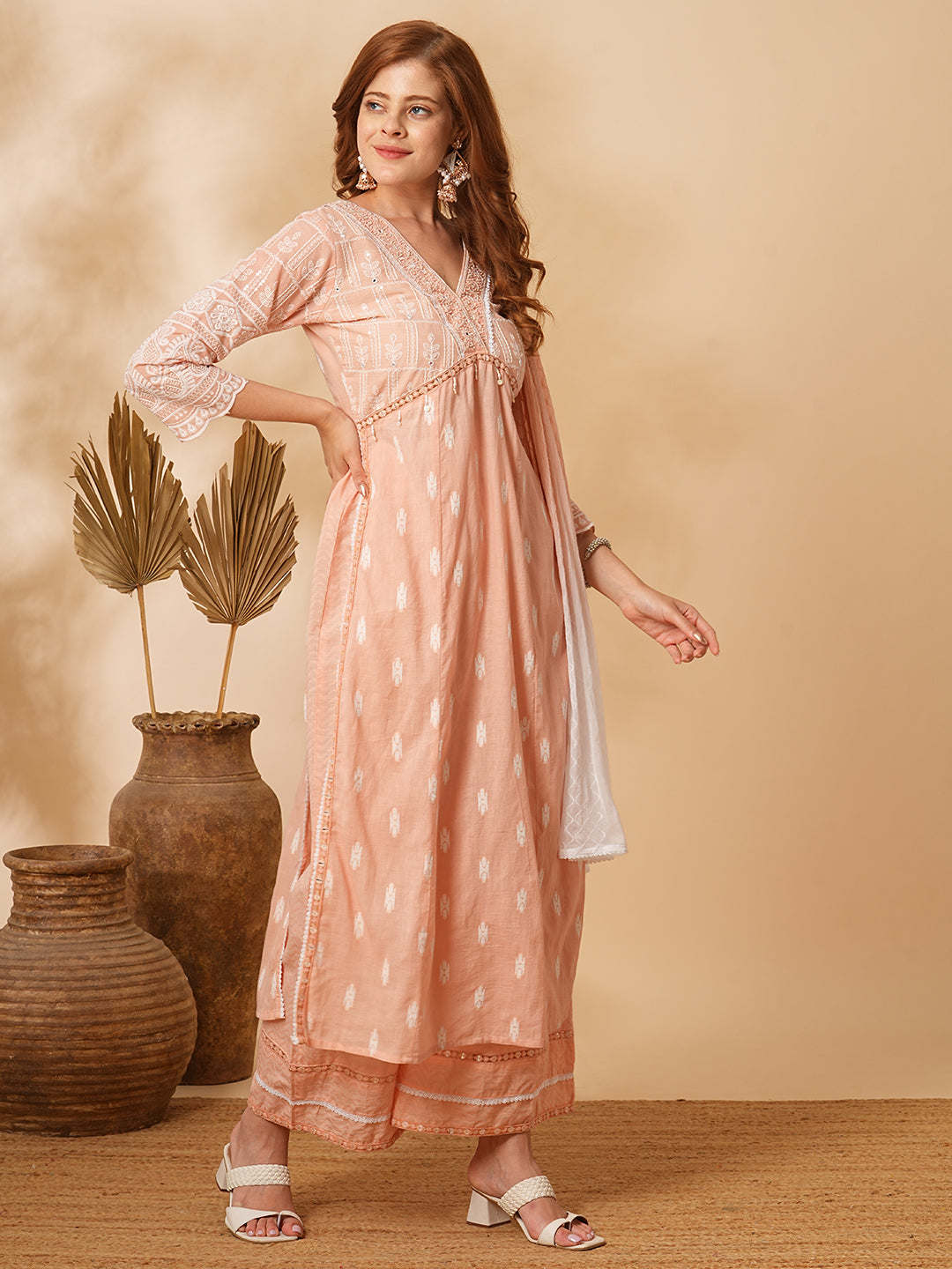 Floral Hand Embroidered A-Line Pleated Kurta with Pant & Dupatta - Peach