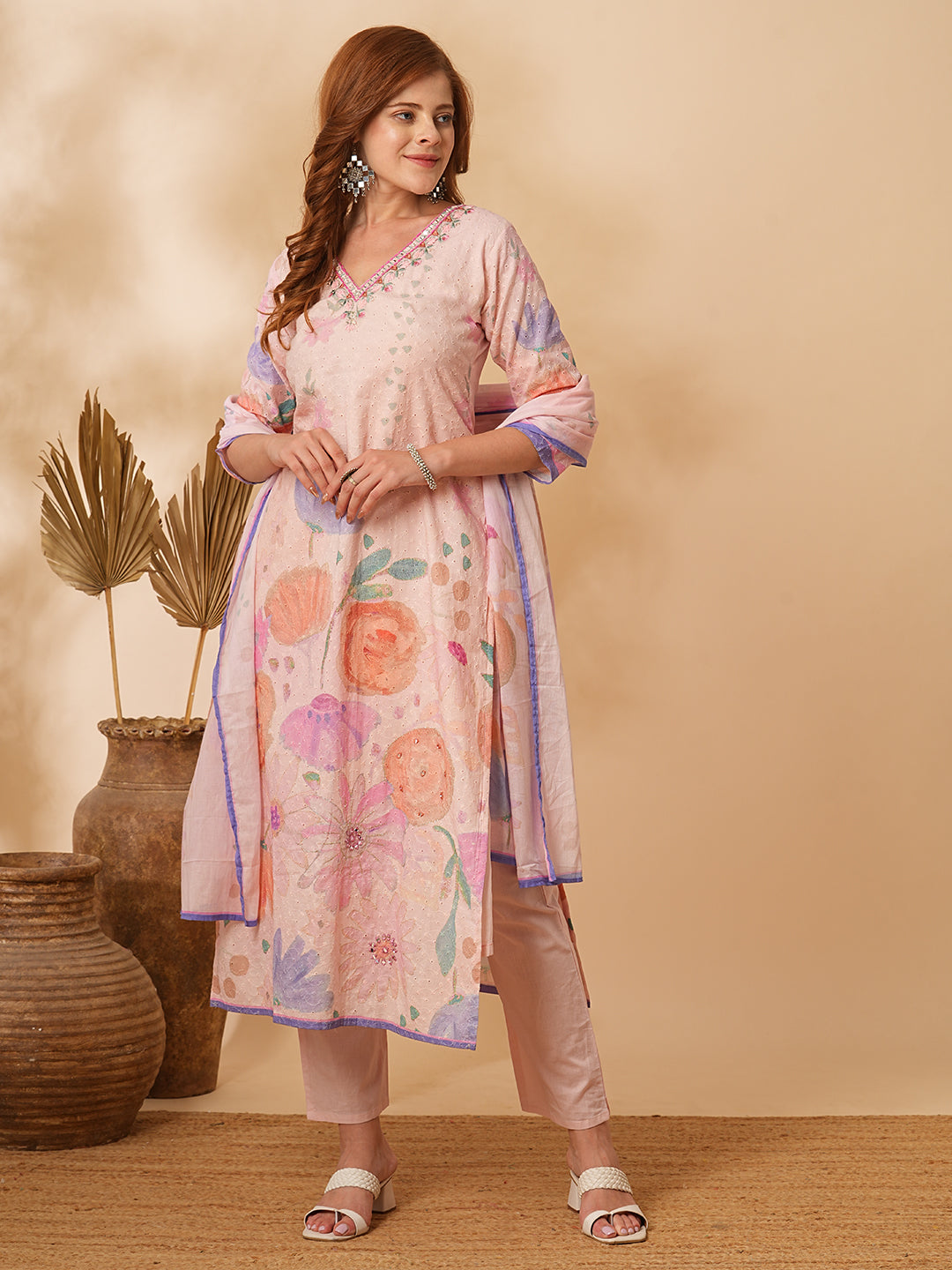 Floral Printed Schiffli Embroidered Straight Fit Kurta with Pant & Dupatta - Pink