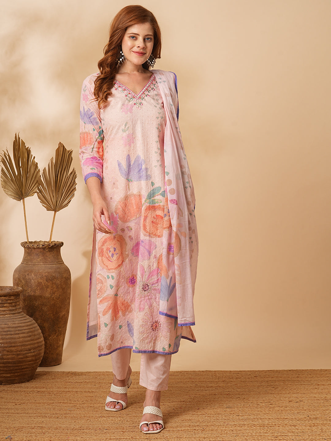 Floral Printed Schiffli Embroidered Straight Fit Kurta with Pant & Dupatta - Pink