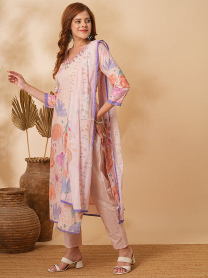 Floral Printed Schiffli Embroidered Straight Fit Kurta with Pant & Dupatta - Pink