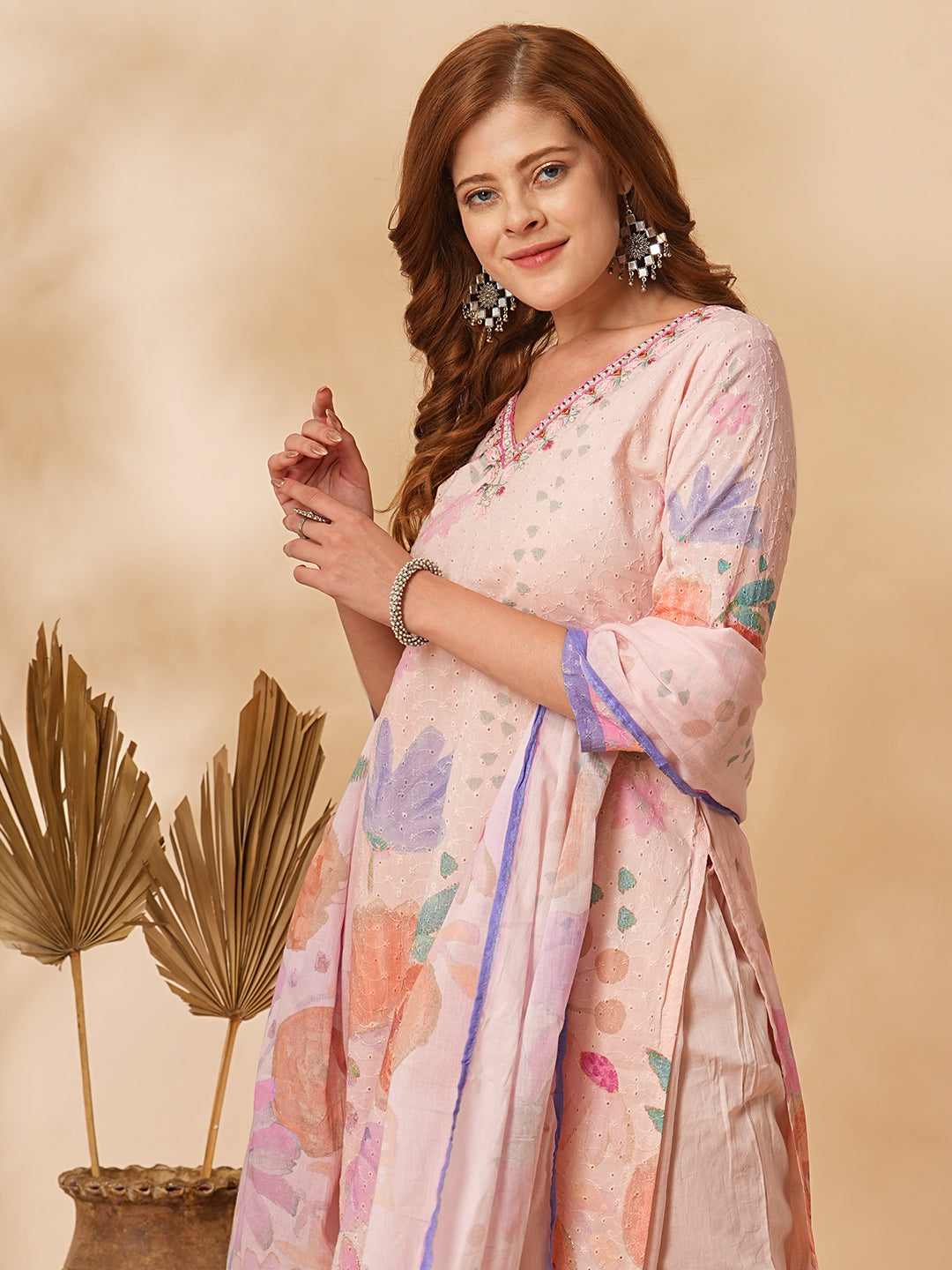 Floral Printed Schiffli Embroidered Straight Fit Kurta with Pant & Dupatta - Pink