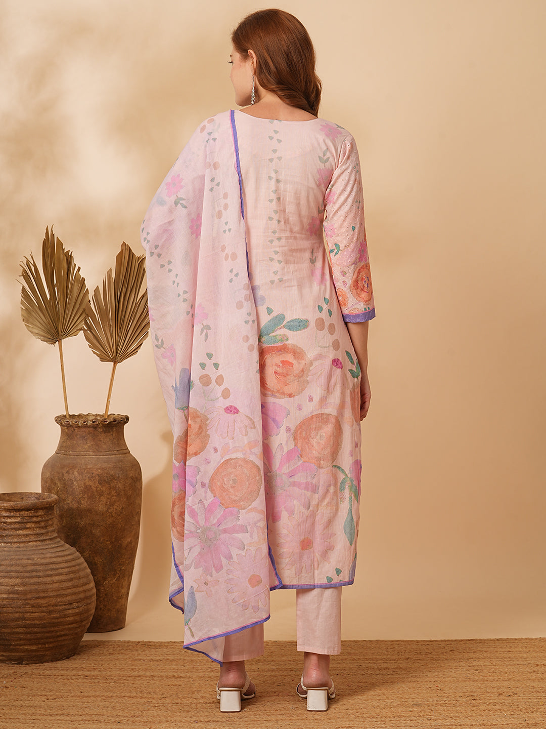 Floral Printed Schiffli Embroidered Straight Fit Kurta with Pant & Dupatta - Pink