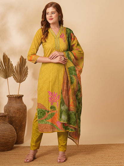 Floral Abstract Printed & Embroidered Straight Kurta with Pant & Dupatta - Mustard