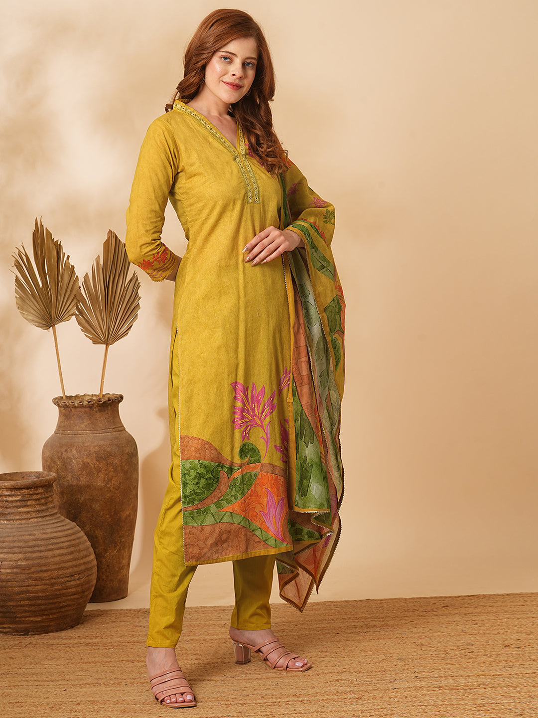 Floral Abstract Printed & Embroidered Straight Kurta with Pant & Dupatta - Mustard