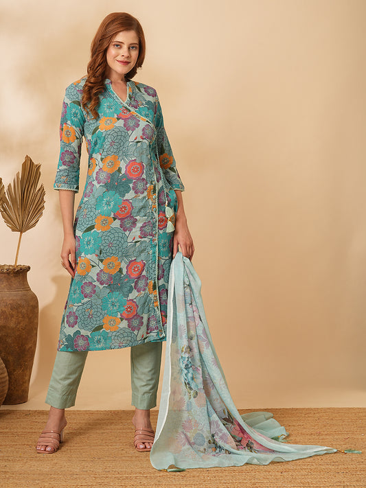 Floral Printed A-Line Paneled Kurta with Pant & Dupatta - Mint Green