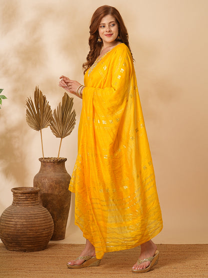 Solid Floral Hand Embroidered Straight Fit Kurta with Pant & Dupatta - Yellow