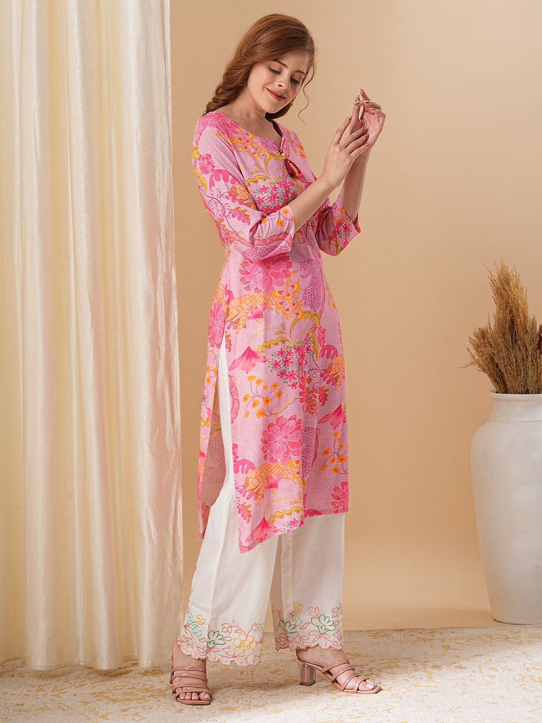 Abstract Floral Printed & Kantha Embroidered Straight Fit Kurta - Pink