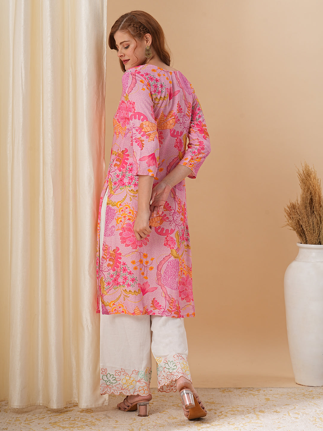 Abstract Floral Printed & Kantha Embroidered Straight Fit Kurta - Pink