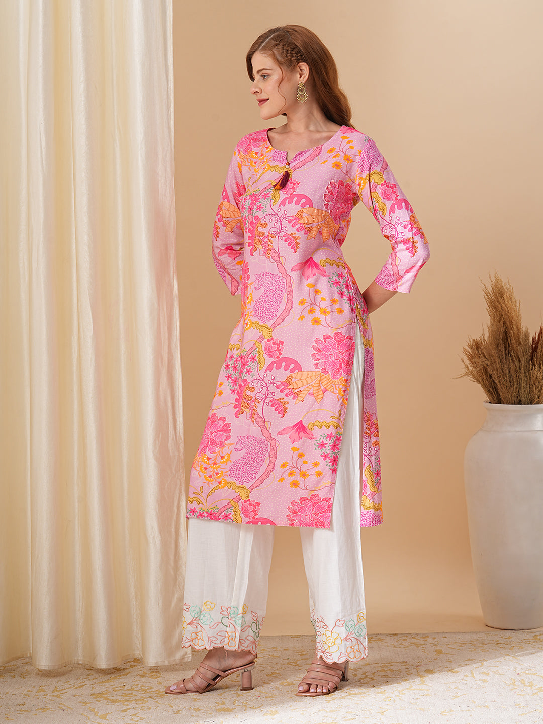 Abstract Floral Printed & Kantha Embroidered Straight Fit Kurta - Pink