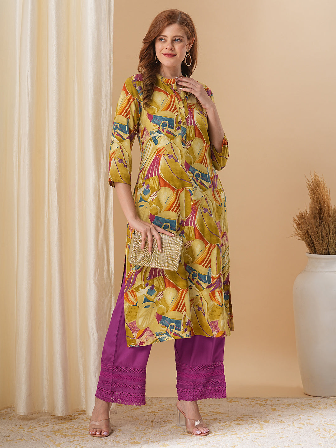 Abstract Floral Printed A-Line Kurta - Mustard Green