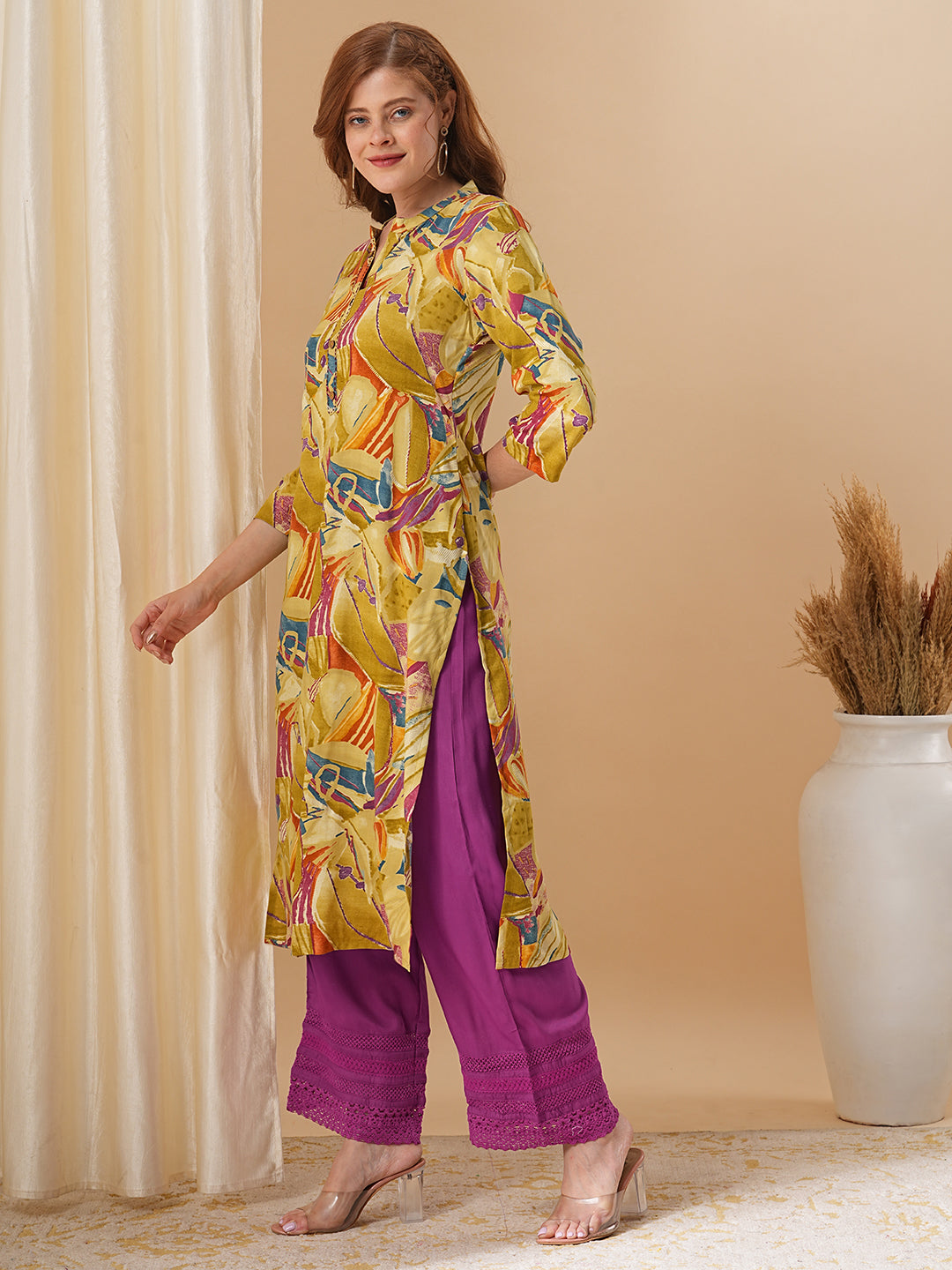 Abstract Floral Printed A-Line Kurta - Mustard Green