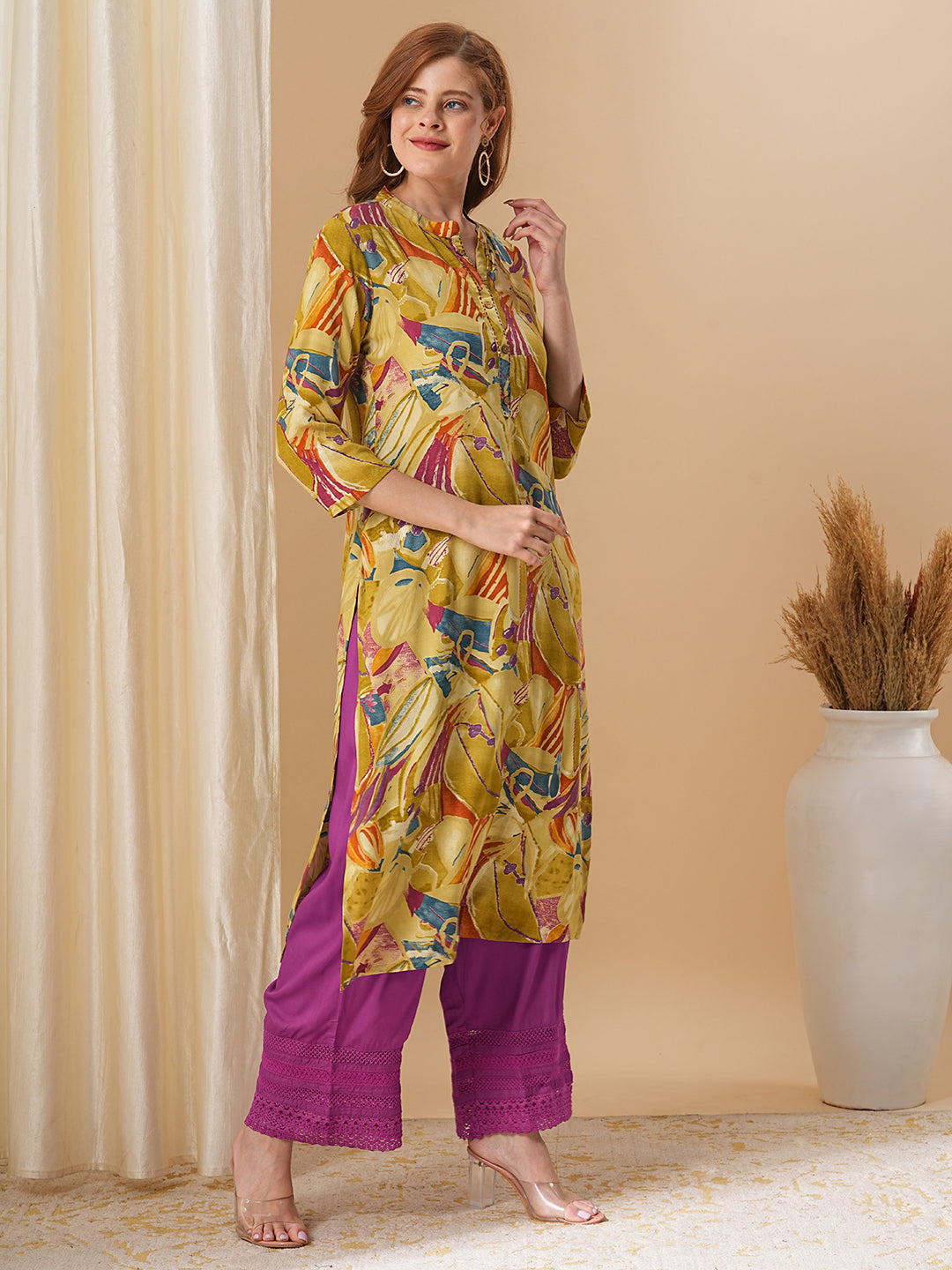 Abstract Floral Printed A-Line Kurta - Mustard Green