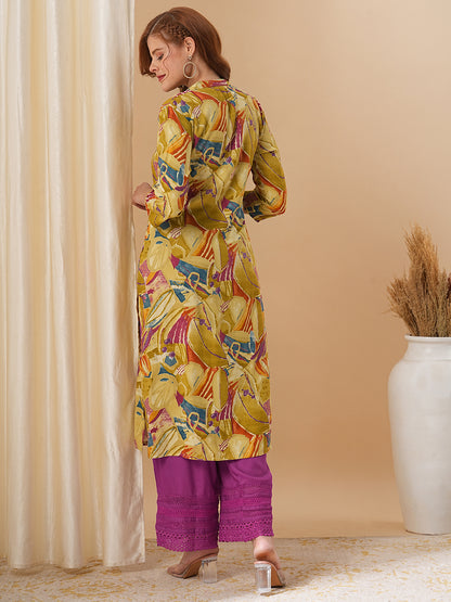 Abstract Floral Printed A-Line Kurta - Mustard Green