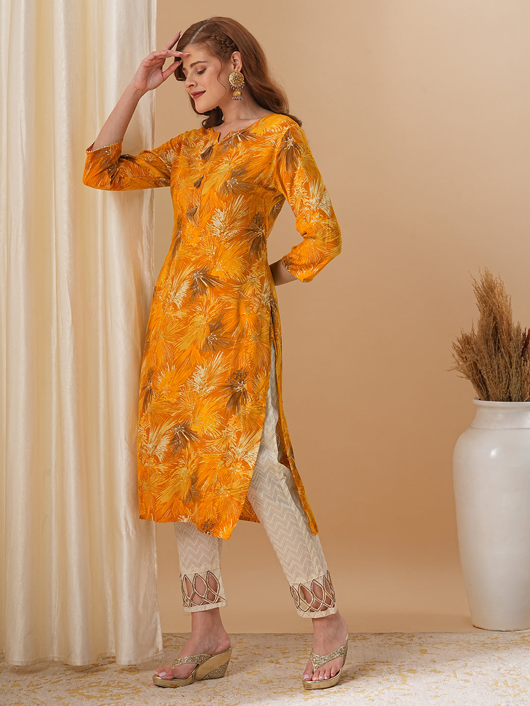 Abstract Floral Foil Printed Straight Fit Kurta - Mustard