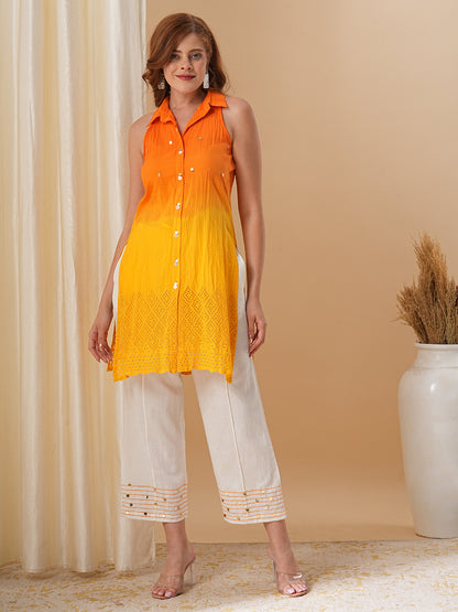 Orange & Yellow Ombre Dyed Sequin Highlighted Straight Fit Kurta with Palazzo - Orange